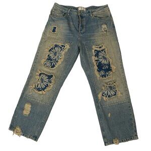 We The Free Womens Baggy Jeans 31x28 Button Fly Distressed High Waist Blue